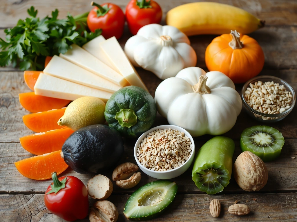 Frische, gesunde Lebensmittel auf einem Holztisch arrangiert